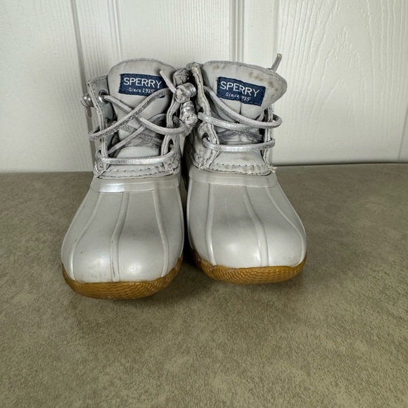 Sperry Silver Saltwater Duck Rain Boots Toddler Lace Up Metallic Size 6m - Picture 2 of 8